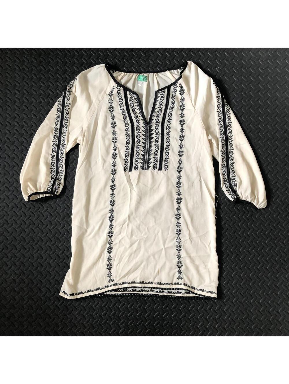 Freeway Cream and Black Embroidered Long Sleeve Tunic Top Size L Bohemians Gypsy